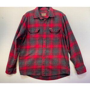 Orvis Mens Plaid Flannel Shirt jacket M Red & Gray Pockets Heavyweight